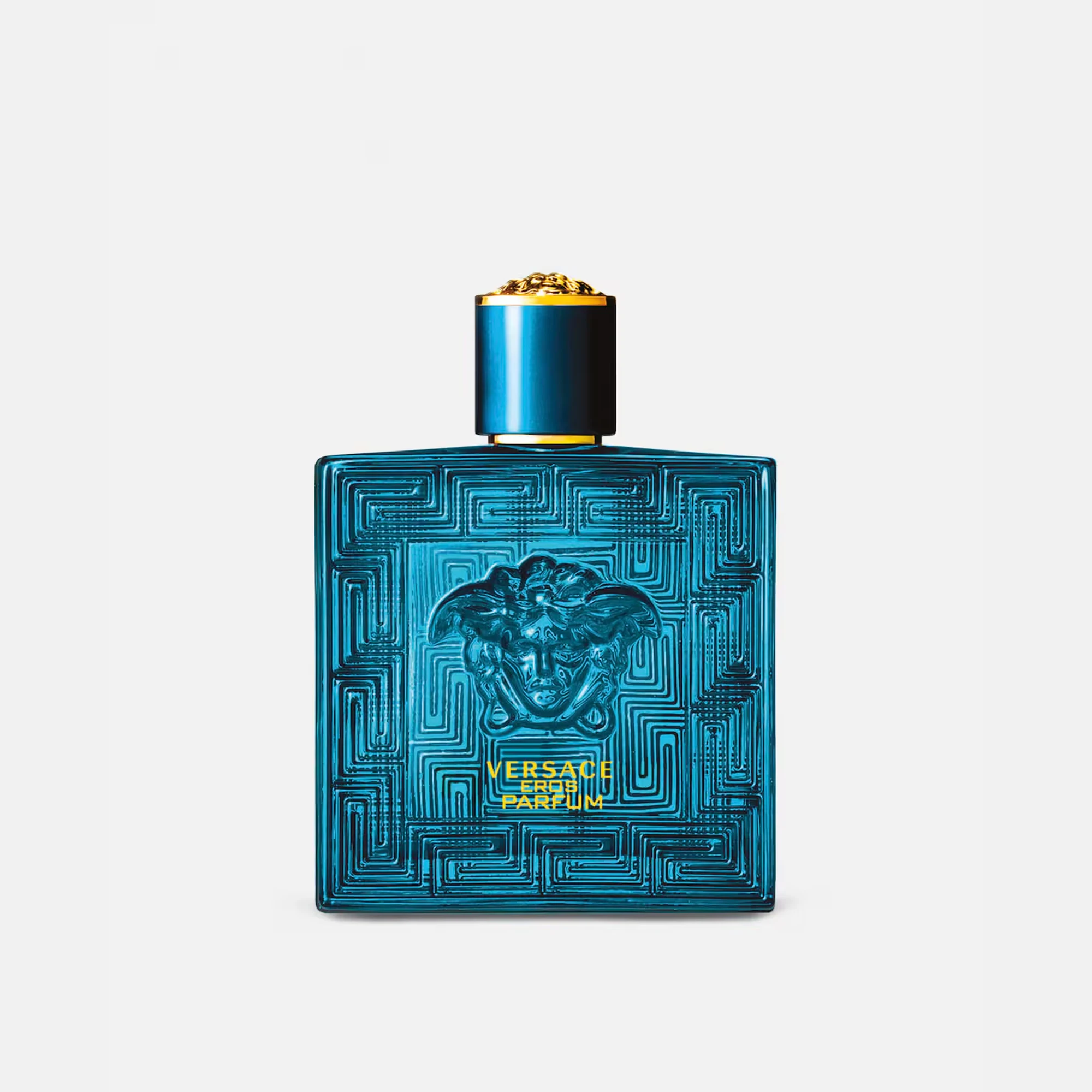 Frasco y caja de Versace Eros Parfum 100 ml con fondo gris original