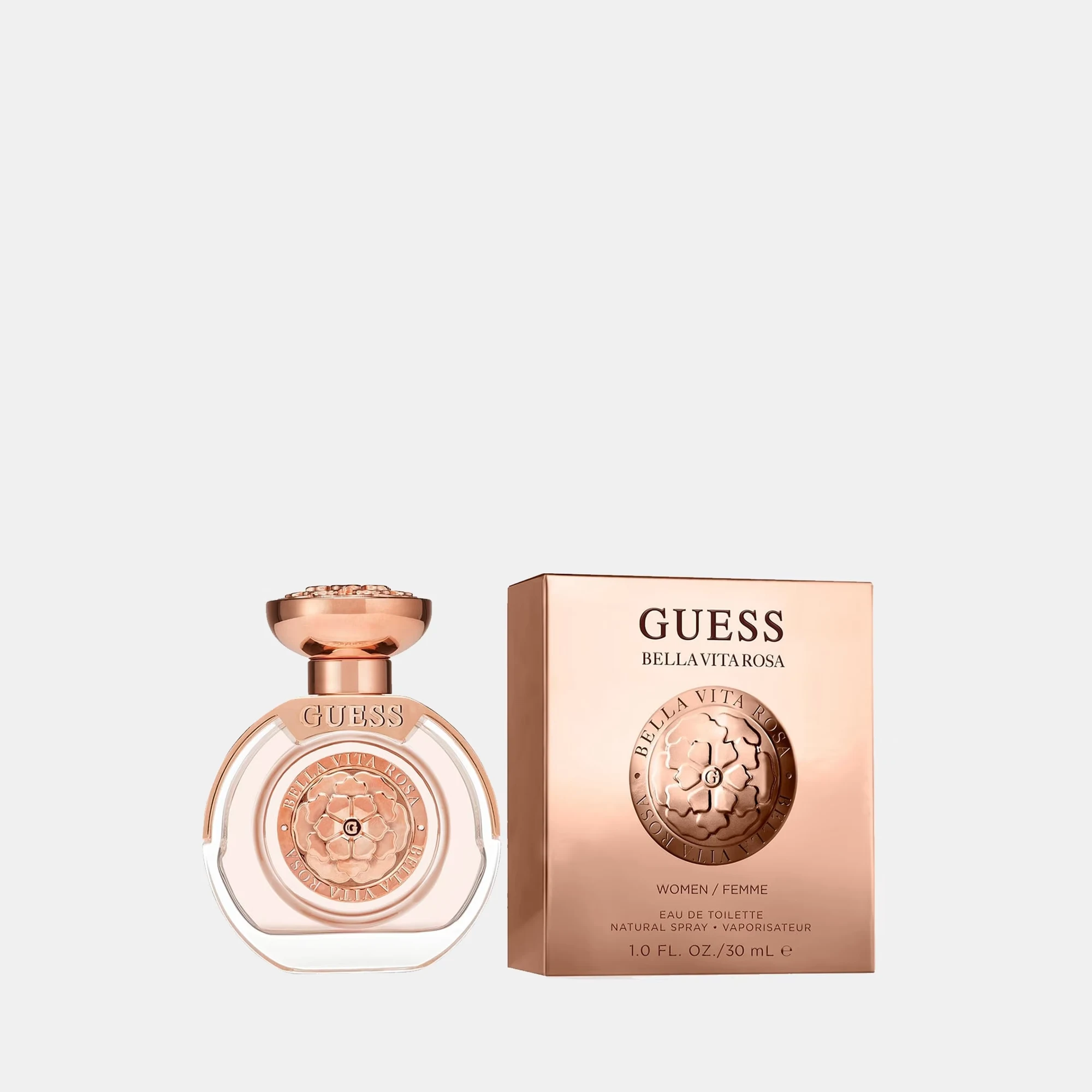 Frasco y caja Guess Bella Vita Rosa EDT 30 ml fondo gris